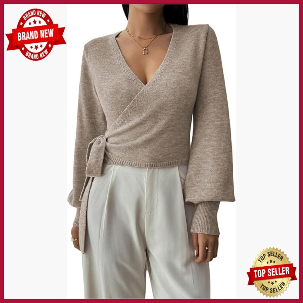 Long Sleeve V-Neck Wrap Sweater Pullover Slim Fit Knit Crop Top